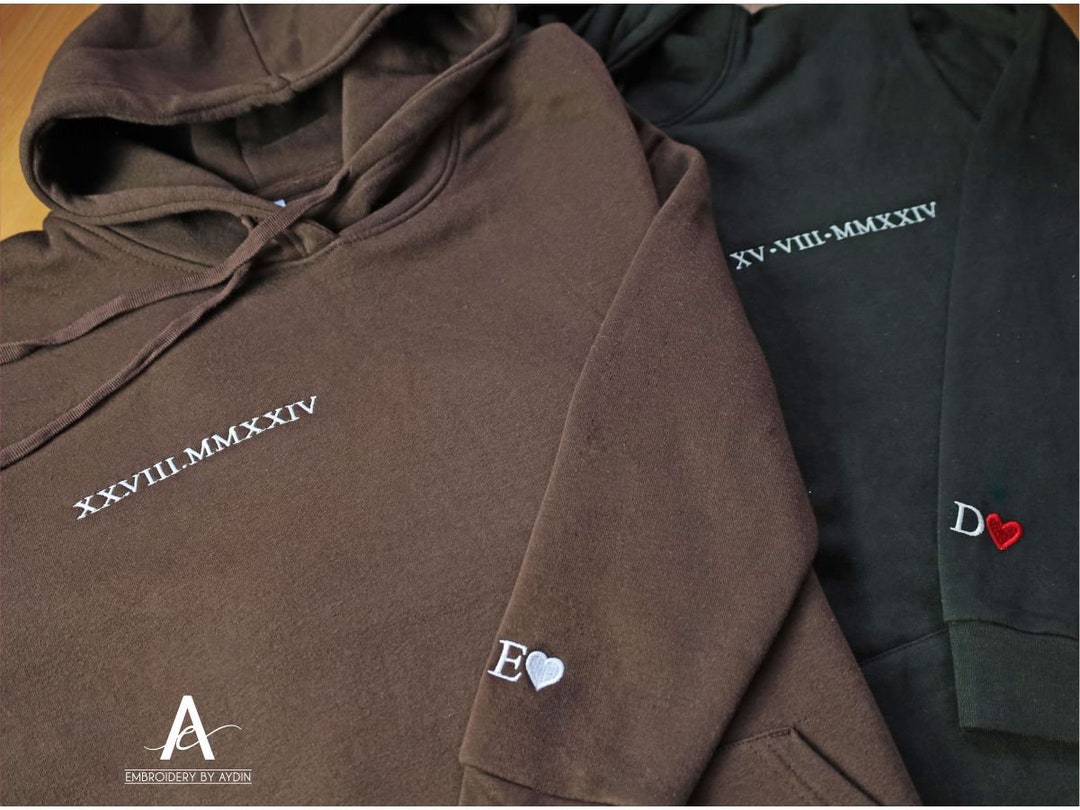 Personalised Anniversary Date Hoodies, Embroidered Roman Numeral Couple