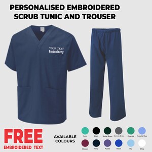 May include: Navy blue scrub tunic and trouser set. The tunic has a V-neck and two pockets. The text "YOUR TEXT Embroidery" is embroidered on the tunic. The image also shows a list of available colors.