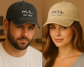 Embroidered Mr and Mrs Vintage Hats, Couple Honeymoon Caps, Bride & Groom Hats, Personalized Anniversary Hat for His and Her, Newlywed Gifts