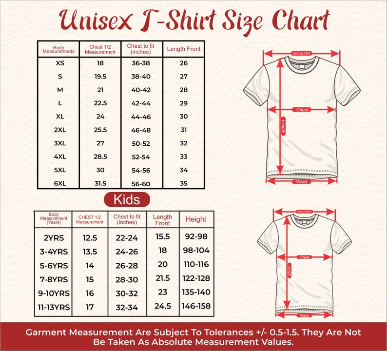 Pu&ograve; includere: Tabella taglie t-shirt unisex con misure in pollici. La tabella include taglie per adulti (XS-6XL) e bambini (2YRS-11-13YRS), con misure di petto, 1/2 petto e lunghezza. Diagrammi illustrano come misurare.