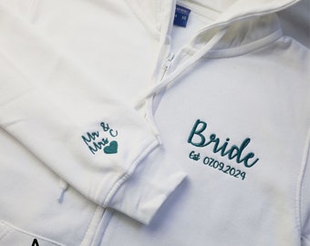 Personalised Bride Hoodie, Embroidered Wifey Zip Up Hoodie, Custom Wedding Date Jumper, Couple Anniversary Comfy Hoody, Bridal Shower Gifts