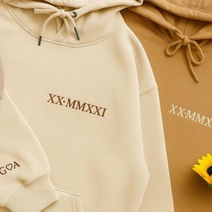 Custom Embroidered Roman Numeral Hoodies, Personalized Date and Initial Hoodie, Wedding Anniversary Date Jumpers, Long Distance Couple Gifts