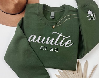 Bestickter Auntie Crewneck-Pullover, Tante Sweatshirt mit den Namen der Kinder auf dem Ärmel, Best Aunt Jumper, personalisiertes Geschenk für Tante, Geschenk für Sie