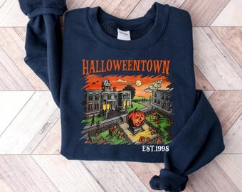 Sweat rétro Halloweentown, vintage Halloweentown University Est 1998 pull imprimé, pull d'Halloween, col rond unisexe, hauts d'Halloween