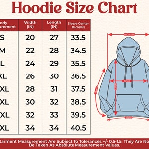 May include: Hoodie size chart with measurements in inches for different sizes: S, M, L, XL, 2XL, 3XL, 4XL, and 5XL. The chart shows the width, length, and sleeve center back measurements for each size.