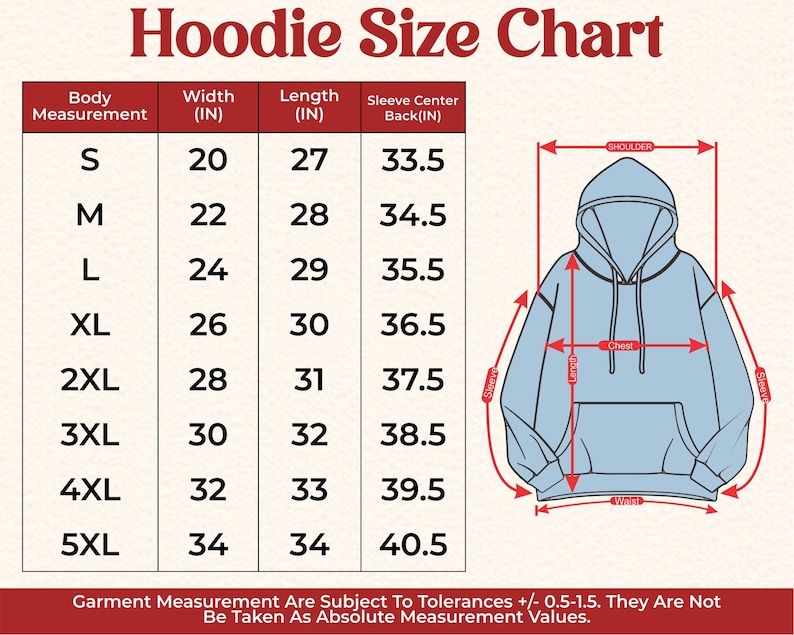 May include: Hoodie size chart with measurements in inches for different sizes: S, M, L, XL, 2XL, 3XL, 4XL, and 5XL. The chart shows the width, length, and sleeve center back measurements for each size.