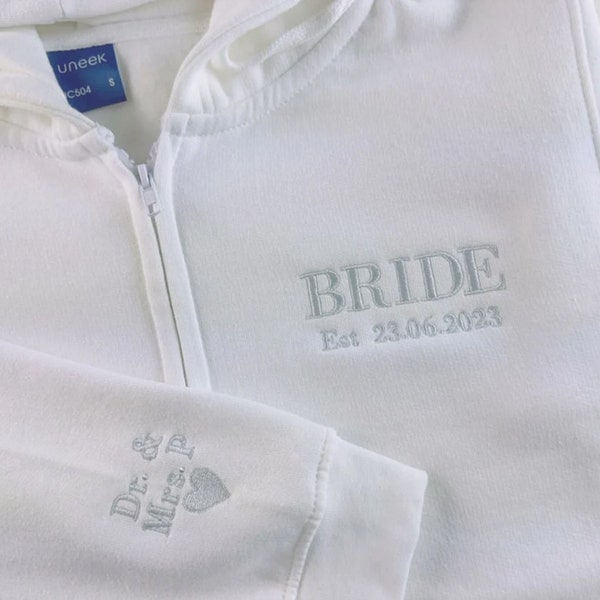 Bride Zip Up Hoodie, Custom Embroidered Wifey Hooded Jumper, Mr and Mrs Initials Matching Anniversary Hoody, Bridal Shower Hen Do Bride Gift