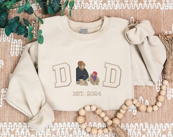 Personalised Photo Sweatshirt for Dad, Embroidered Sketch from Picture Jumper, Custom Dad Est Year Sweater, Family Matching Fathers Day Tops