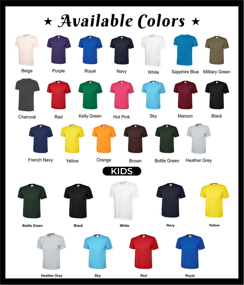 Pu&ograve; includere: Un grafico che mostra magliette di vari colori: beige, viola, blu reale, blu navy, bianco, blu zaffiro, verde militare, carbone, rosso, verde Kelly, rosa acceso, celeste, bordeaux e nero. Il testo "Colori disponibili" &egrave; in alto.