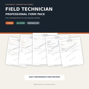 May include: A digital carpentry contractor form pack featuring five US letter size printable PDF documents. The dark header displays the text CARPENTRY CONTRACTOR FORMS, FIELD TECHNICIAN PROFESSIONAL FORM PACK, 5 FORMS, US LETTER, and PRINTABLE PDF.