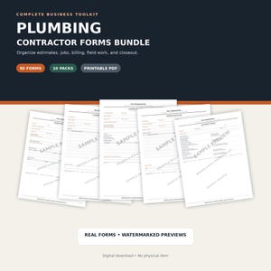 May include: A digital plumbing contractor forms bundle featuring 50 forms and 10 packs in printable PDF format. The graphic displays the text COMPLETE BUSINESS TOOLKIT PLUMBING CONTRACTOR FORMS BUNDLE and shows five white document pages with sample preview text.