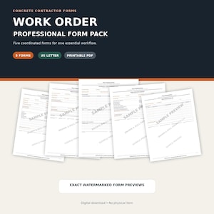 May include: A digital pack of five concrete contractor forms including a work order, professional form pack, and printable PDF in US letter size. The document set features coordinated layouts with sample preview watermarks on white paper.