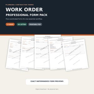 May include: A set of five white plumbing contractor forms labeled Work Order Professional Form Pack. The documents feature black text, orange accents, and a watermark reading Sample Preview. The digital download includes US Letter size printable PDFs.
