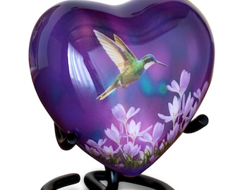 Small Purple Heart Cremation Urn with Hummingbird & Stand