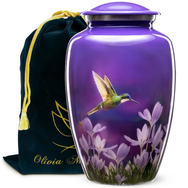 Purple Urn for Human Ashes Adult | Hummingbird Funeral Decorative Cremation Urns with FREE Pendant Necklace