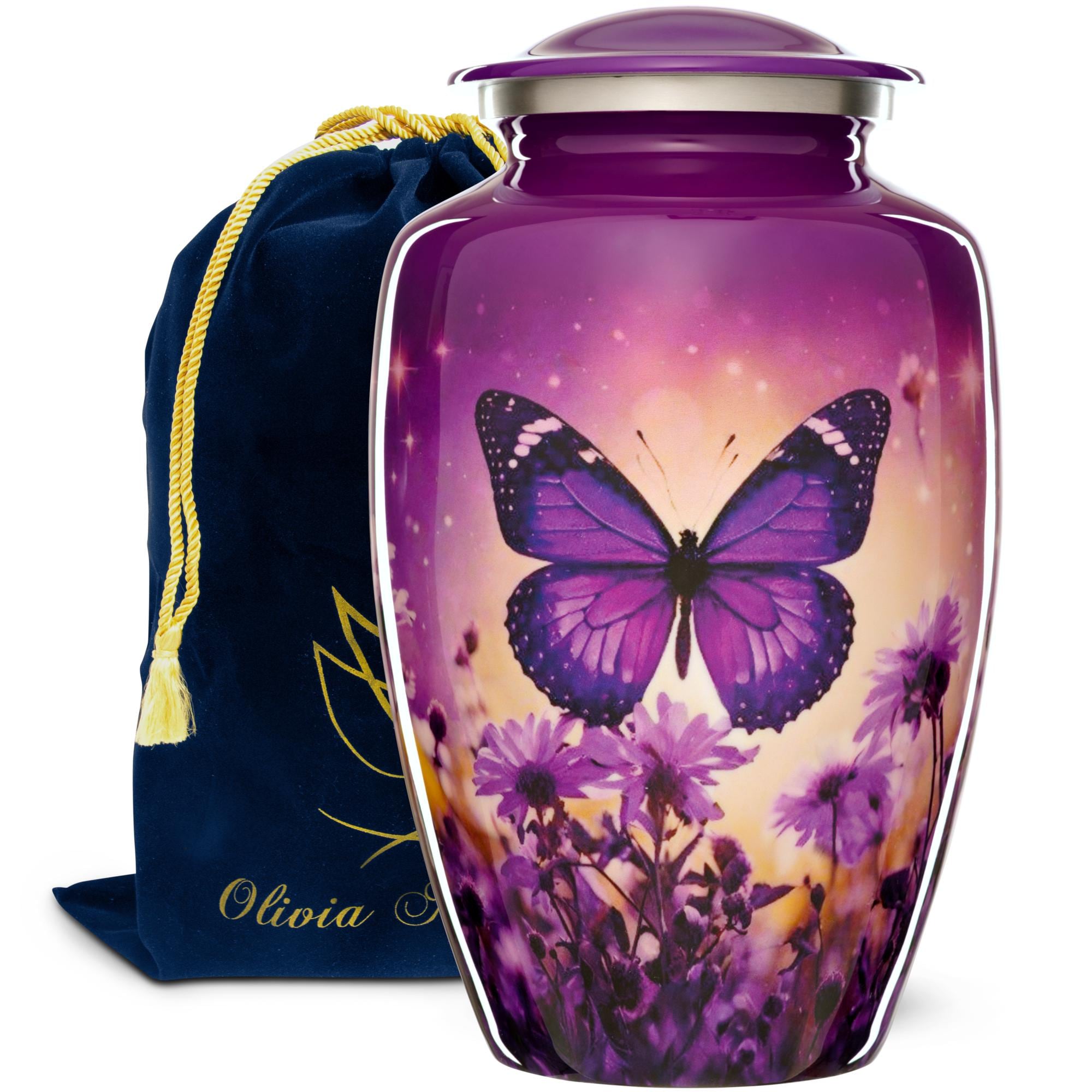 Purple Urn for Human Ashes Adult | Butterfly Urn, Funeral Decorative Cremation Urns with FREE Pendant Necklace