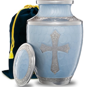 Blue Urn for Human Ashes Adult | Funeral Decorative Religious Cross Urns Cremation for Women and Men with FREE Pendant Necklace