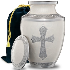 White Cremation Urn for Human Ashes Adult | Funeral Decorative Religious Cross Urns for Women and Men with FREE Pendant Necklace