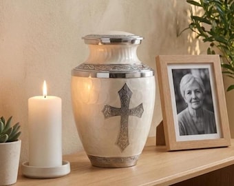 White Cremation Urn with Religious Cross | Adult Ashes, Pendant Included