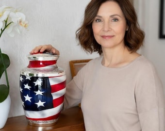 American Flag Urn for Ashes, Adult Patriotic Urns with FREE Pendant Necklace