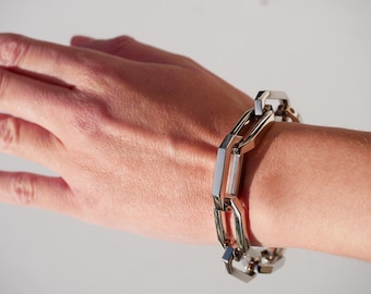 Large link chain bracelet - zamac and silver - length 17cm - 19.5cm - 21.5cm - contemporary, original, modern, shiny mesh chain