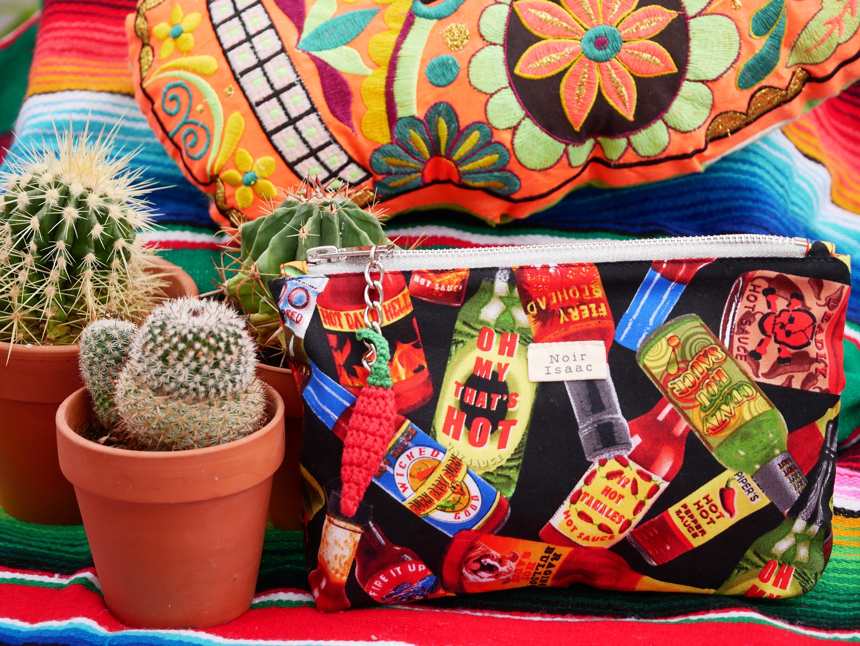 Crochet hot sauce and chili printed cotton pouch - upcycled lining