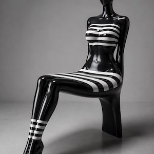 Pode incluir: Uma cadeira manequim preta brilhante em forma de figura sentada com um acabamento liso e reflexivo. A figura apresenta listras brancas horizontais no peito, na área do assento e na parte inferior das pernas, terminando em pés esculpidos com saltos altos.