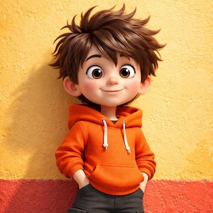 May include: A cartoon illustration of a young person wearing an orange hoodie with white drawstrings, black cargo pants, and black sneakers with orange accents. The background is a two-tone wall of yellow and red.