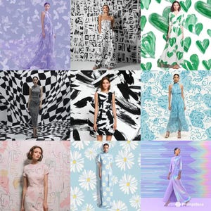 May include: A collection of women's dresses in various styles and patterns. The dresses feature designs such as butterfly prints, abstract black and white patterns, bold brushstrokes, and floral motifs. The color palette includes shades of purple, green, black, white, and blue.
