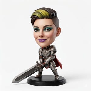 May include: A figurine of a person with a large head, short hair, and a smiling expression. The figure is dressed in silver armor and holds a large sword. A red cape is draped over the shoulders. The figurine is mounted on a black base.