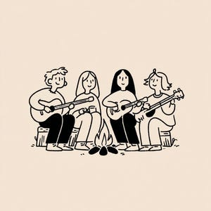 Op de afbeelding: Een zwart-wit illustratie toont vier mensen die rond een kampvuur zitten, elk met een gitaar. De figuren zijn getekend in een eenvoudige cartoonstijl, met het vuur in het midden. De achtergrond is effen lichtbeige.