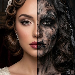 May include: A split-face portrait featuring a polished, glamorous side with brown curled hair, a white lace headpiece, and glossy lips, contrasted against a dark, weathered side with charcoal-toned skin, messy hair, and a black lace veil.
