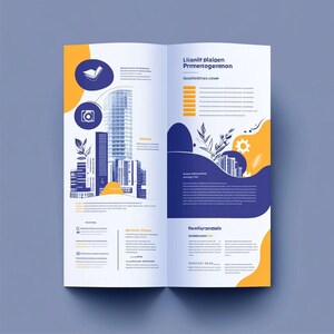 Op de afbeelding: Open brochure met een blauw en geel ontwerp. De brochure bevat illustraties van gebouwen, iconen en tekst. De tekst is in een gestileerd lettertype. Het algehele ontwerp is modern en strak.