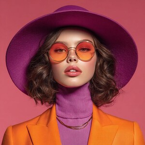 Peut inclure: Une femme porte un chapeau violet, des lunettes de soleil rondes teintées d'orange et un blazer orange sur un col roulé violet. Un collier en or est visible. Le fond est rose uni.