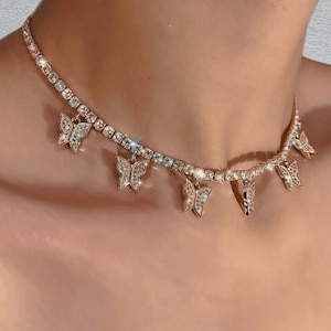 Silver Crystal Rhinestone Butterfly Necklace, Butterfly Jewellery, Gold Necklace, Gift for Her