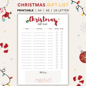 Christmas Gift List Printable | Christmas Checklist Template | Wish List Tracker | Holiday Gift List | A4, A5, US Letter | Instant Download