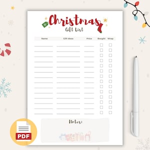 Christmas Gift List Printable Christmas Checklist Template Wish List ...