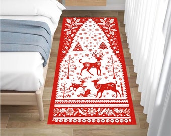 Christmas Runner Rug: Red Deer & Heart Holiday Decor