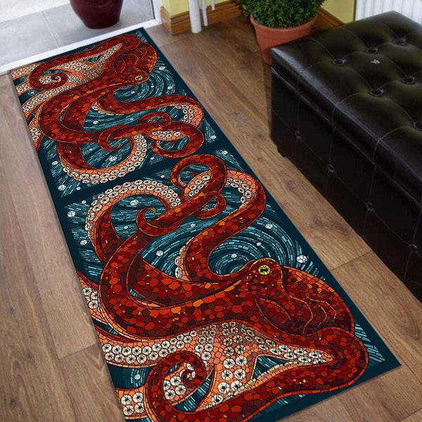 Runner Rug, Octopus Runner, Octopus Rug, Red Octopus Rug,Mosaic Art,Mosaic Rug, Eight Arm Rug, Colorful Rug, Customizable Rug, Kids Room Rug