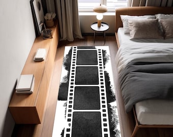 Filmstrip Runner Rug: Modern Cinema Decor, Black and White