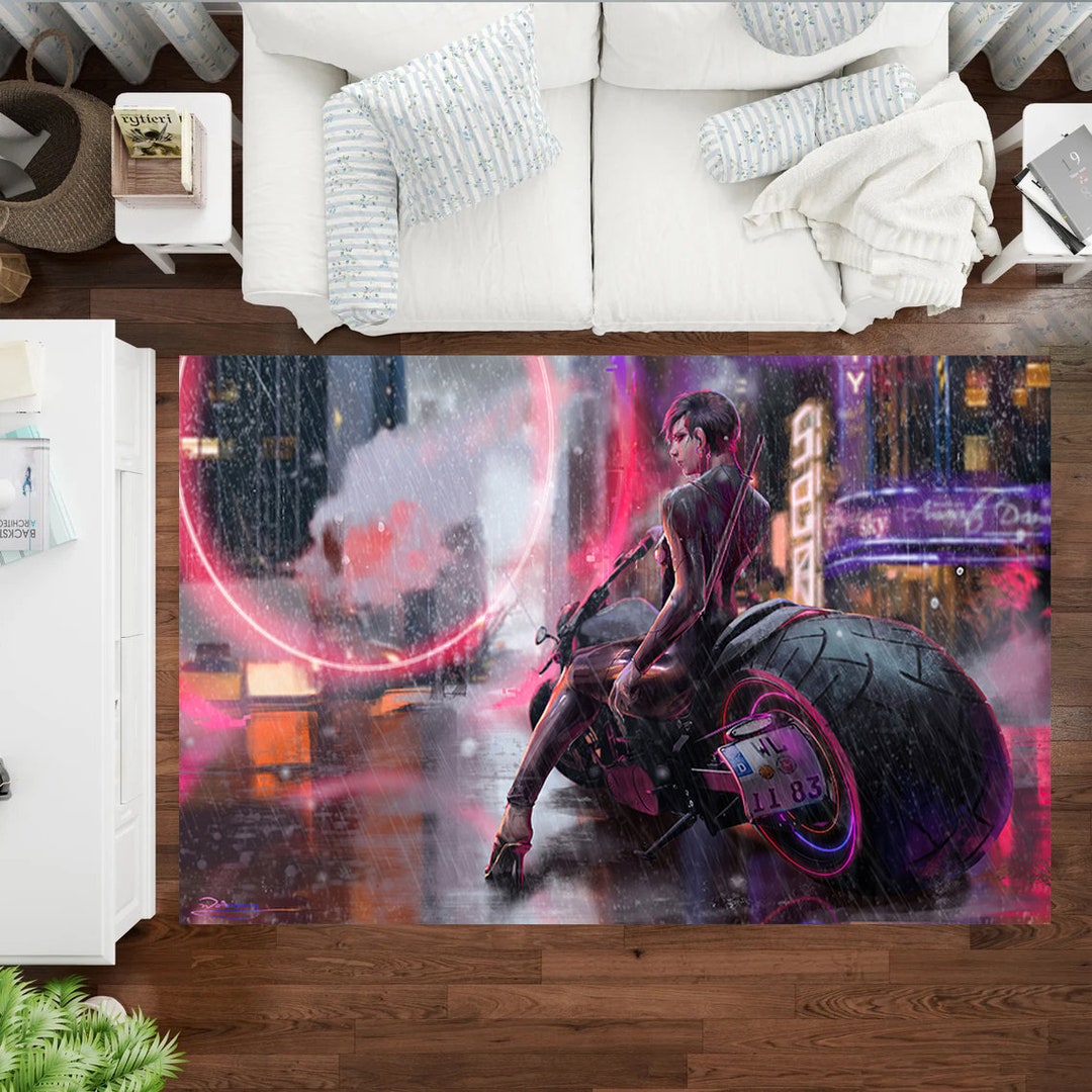 Cyber Rug Neon Motorcycle Rug, Gamer Rug, Neon Anime Rug, Cyber World Rug, Anime ...