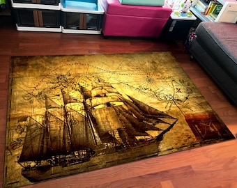 Pirate Ship Rug: Vintage Map Design, Non-Slip Cotton Base