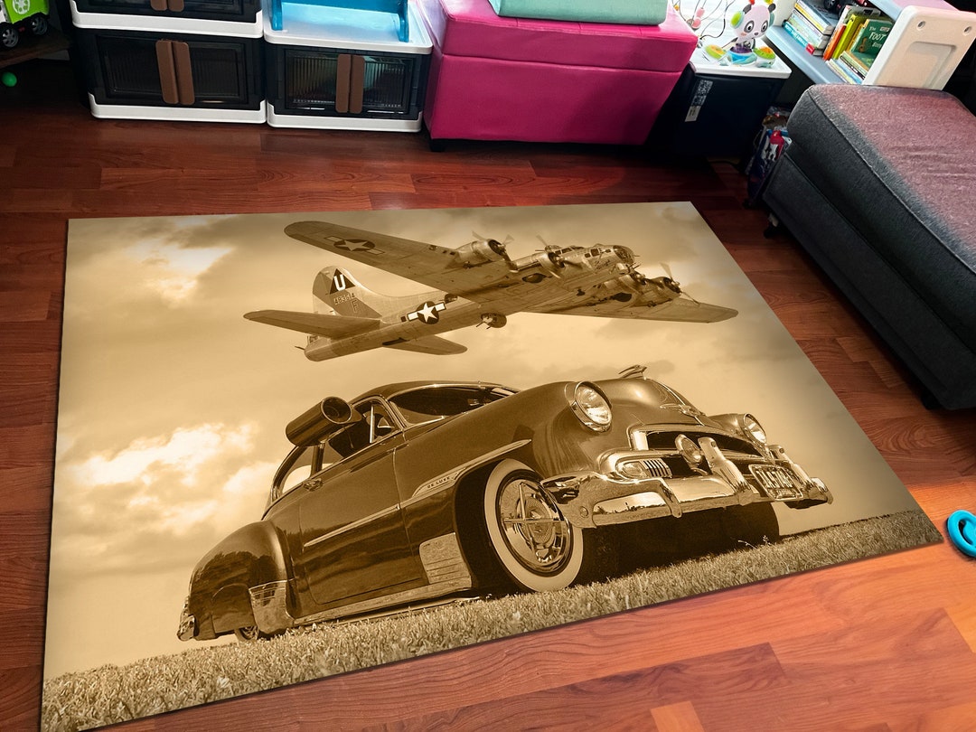 Car Rug Classic Classic Car & Airplane Rug: Vintage Style Area Rug - Etsy