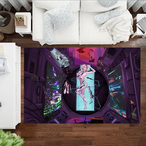 Neon Girl Rug, Gamer Rug, Neon Anime Rug, Cyber World Rug, Anime Girl, Popular Rug, Colorful Rug, Japanes Anime Rug, Space Shuttle Rug