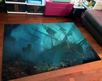 Sunken Pirate Ship Area Rug: 3D Digital Print, Kids Room Decor