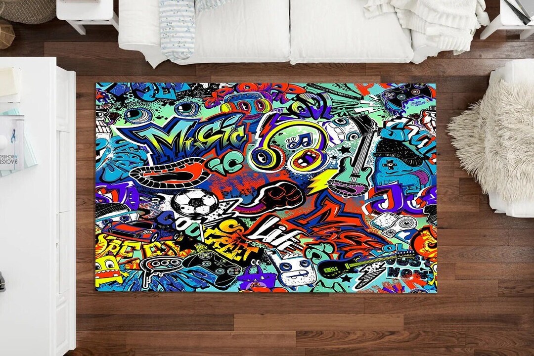 Graffiti Rug, Rug With Graffiti İmages, Area Rug, Non Slip Rug, Teen ...