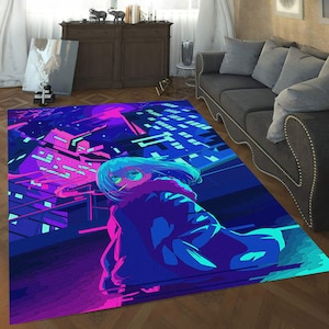 Gamer Rug, Neon Anime Rug, Cyber World Rug, Anime Girl Rug, Popular Rug, Game Character, Anime Merch, Colorful Rug, Japanes Anime Rug