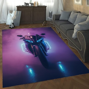 Neon Motorcycle Rug: 3D Digital Print, Non-Slip Cotton Base