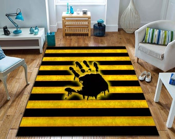 Yellow Stripe Rug: Handprint Design, Non-Slip Cotton Base