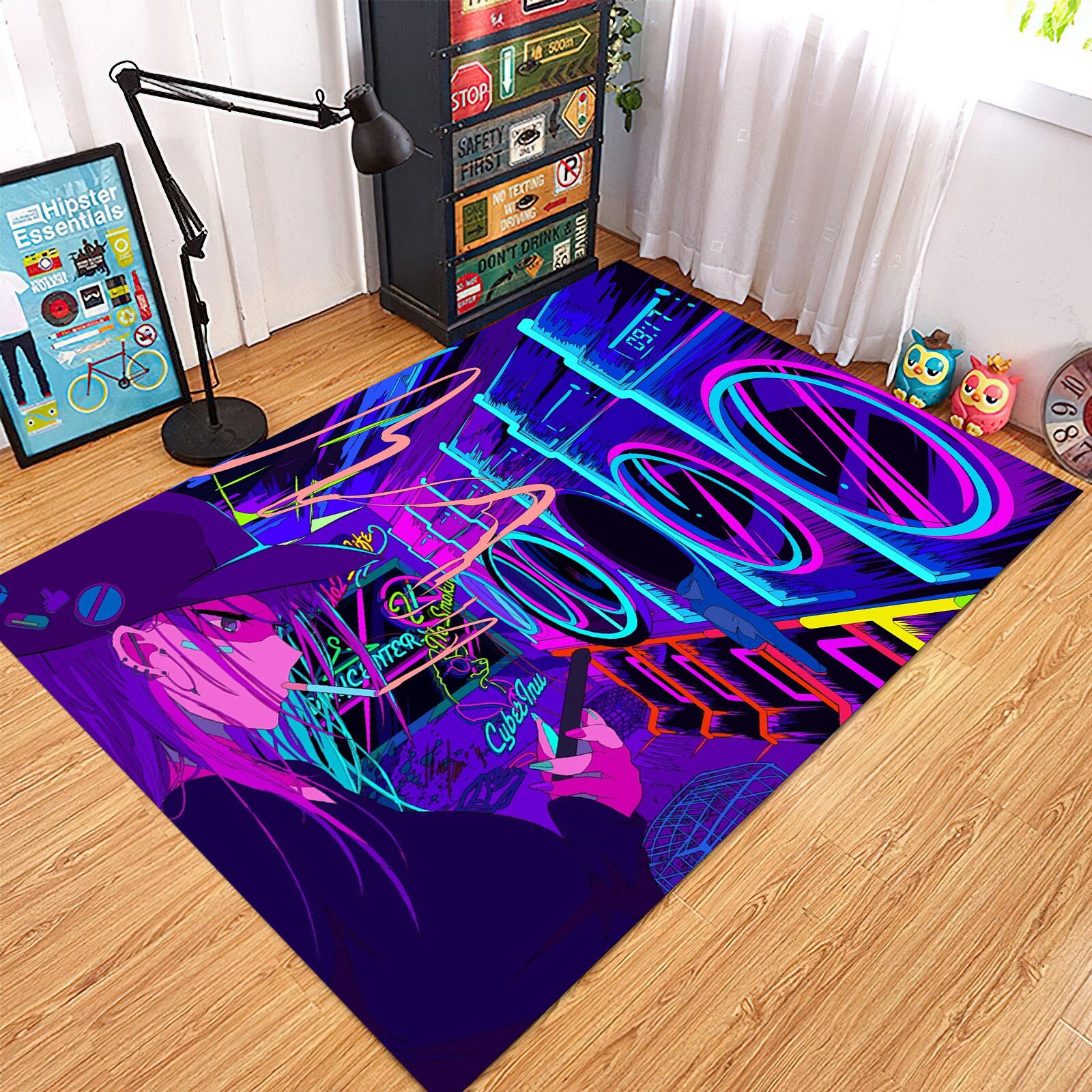 Gamer Rug Neon Anime Rug Cyber World Rug Smoking Girl Etsy